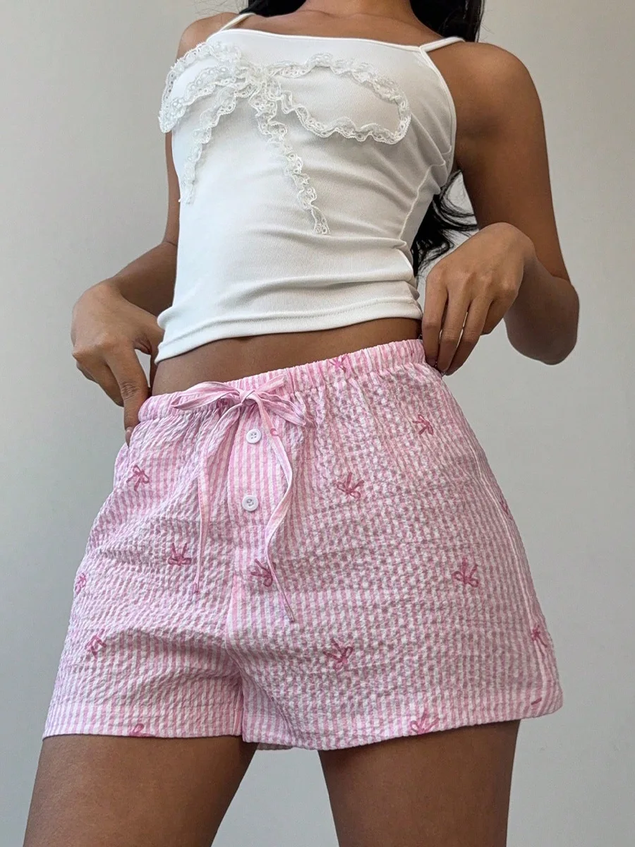 

Summer Vacation Style Beach Pants Wide Leg Women's Hot Pants Casual Loose High Waisted Bow Striped Printed Lace Up Shorts