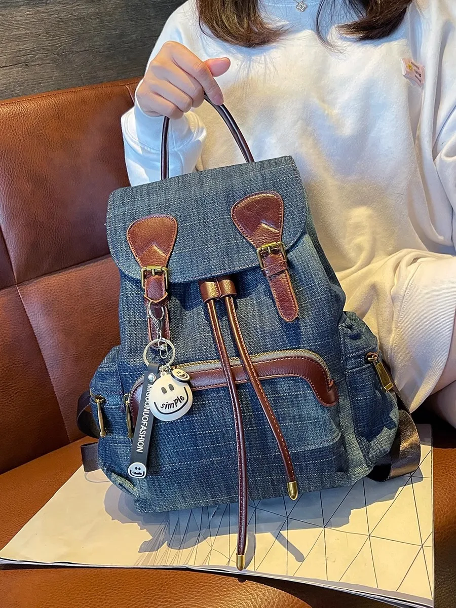 

New Design Trend Denim Backpack For Women 2025 Large Capacity Drawstring Travel Bagpack College Students Schoolbag Female Bag