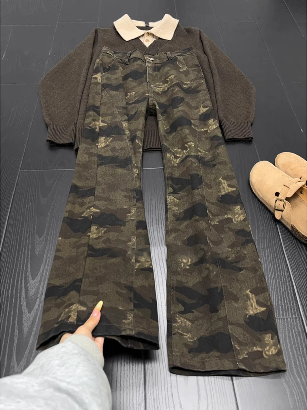 American Style Retro Camouflage Jeans Men's Winter Slim Straight Leg Micro Flared Cleanfit Workwear Trousers