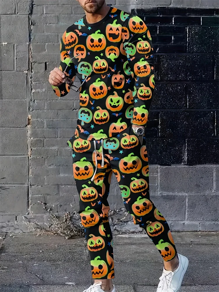 Fun Demon Jack-o '-lantern 3D Printed Men's Crewneck Top And Pants Urban Street Trend Fashion Men 2pcs Long-sleeved Suit