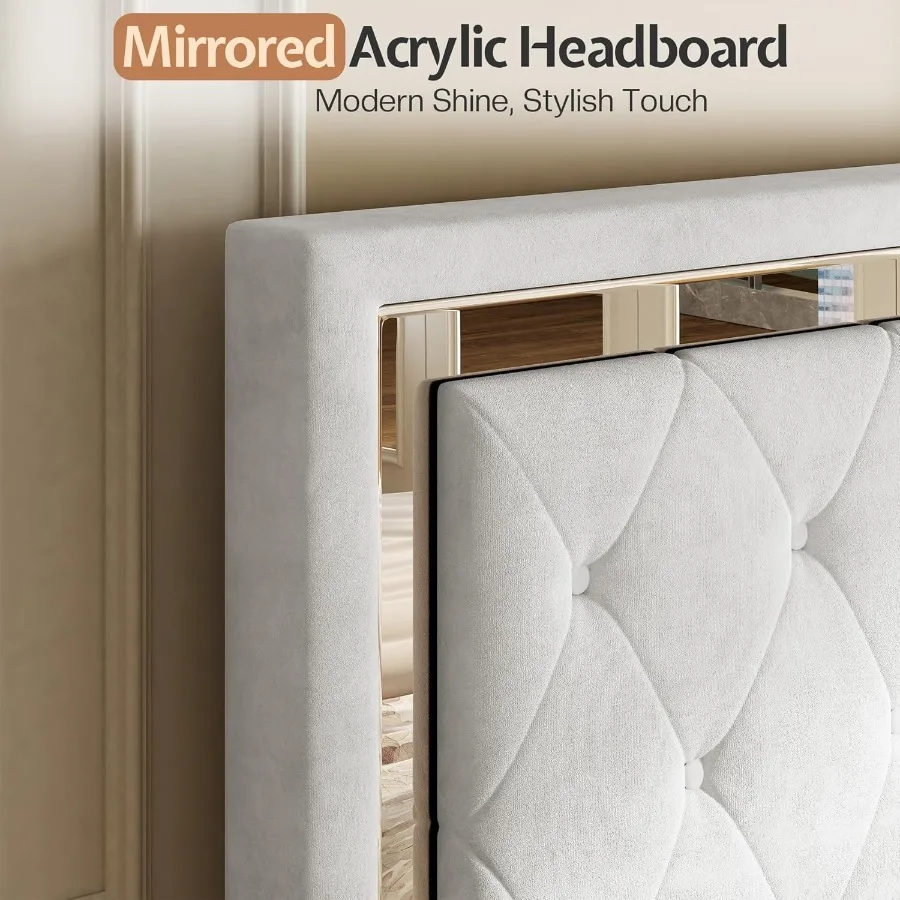 إطار سرير كوين مع أضواء LED، لوح أمامي، لوح قدم مخملي منجد بحجم كوين، إطار سرير بدون صندوق زنبركي، أبيض