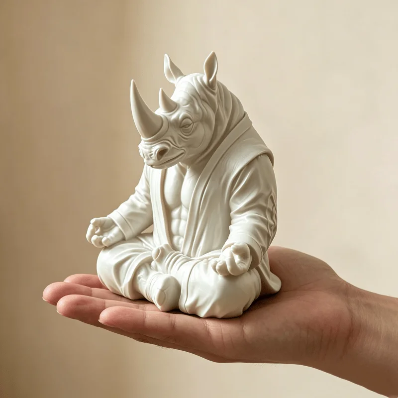 Meditating Rhino Warrior Resin Statue 3D Printed Cross-legged Rhinoceros Figurine Zen Desktop Ornament Bookshelf Home Decor Gift