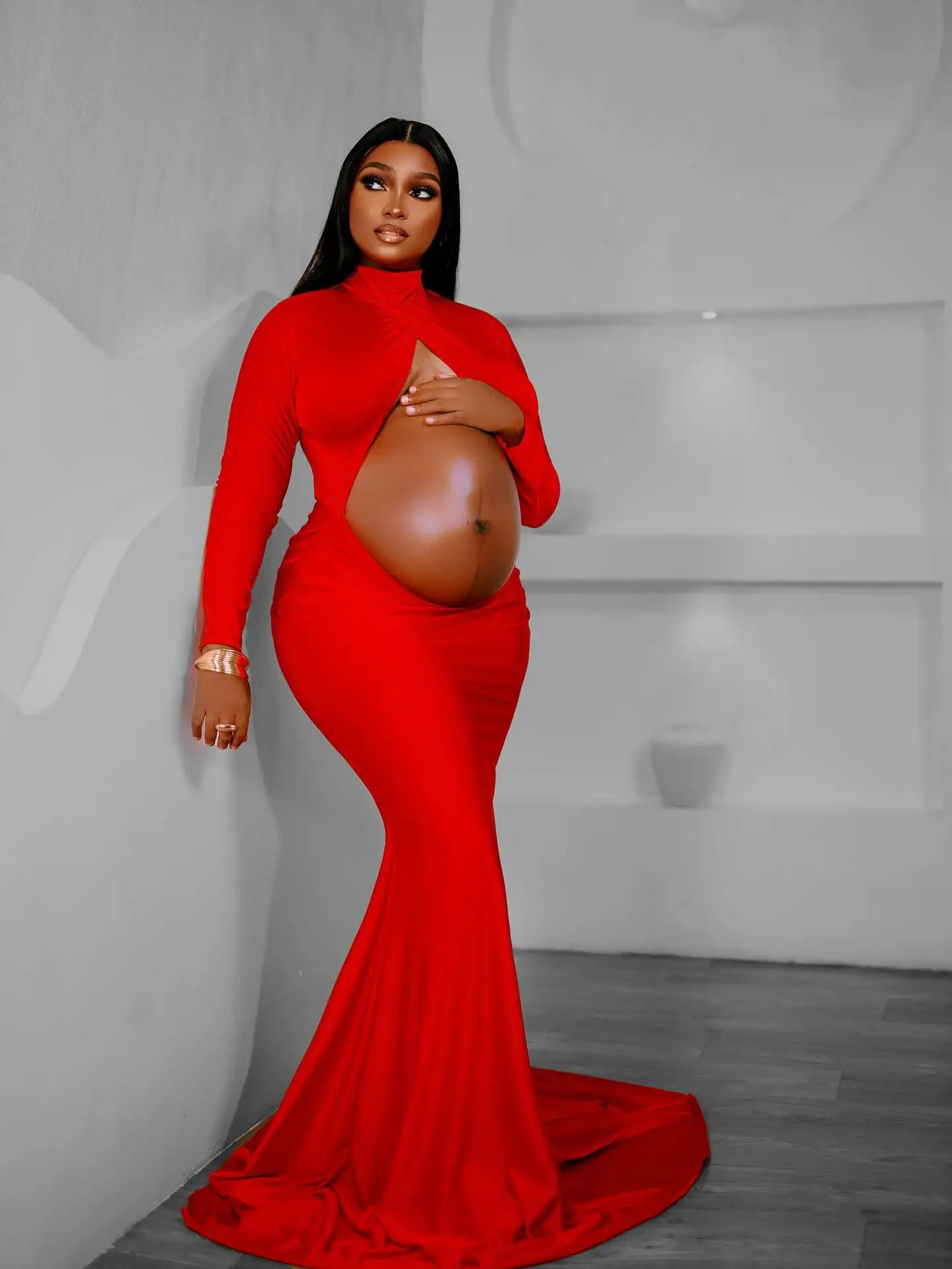 단정한 레드 임부복 사진 촬영 2026 신상 컷아웃 임부복 사진 촬영 드레스 임산부용 드레스