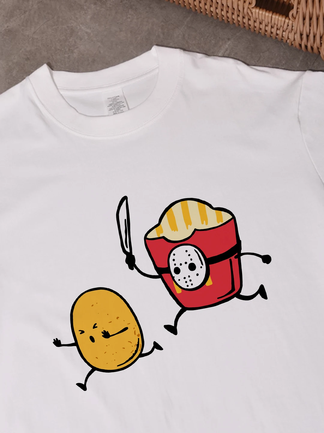 

Pure Cotton ort Sve T-irt Potato French Fries Print ex Fun American Sle Design Breathable Casual Crew Ne Tee