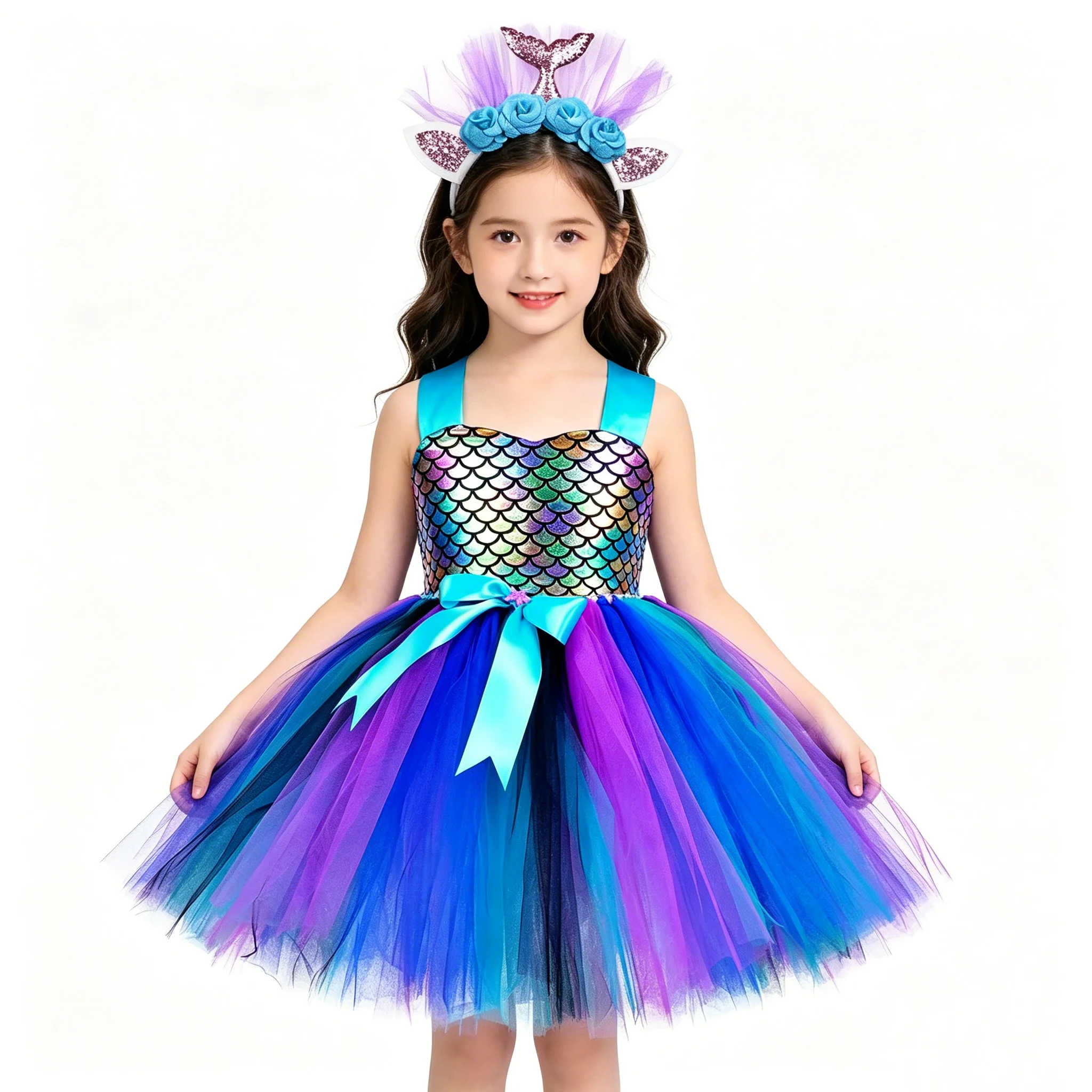 Kids Mermaid Princess Costume Dress-Up with Headband Girls Cosplay Outfit for Birthday Dance Party Children's Dress Blue Color