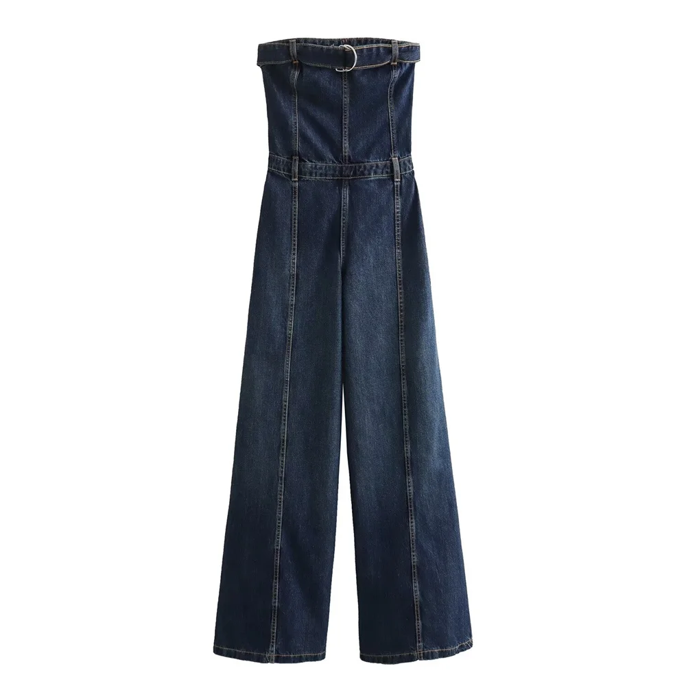 

Zach Ailsa 2024 Spring New Product Women's Temperament Sexy Off Shoulder One Line Neck High Waist Bra Denim jumpsuit