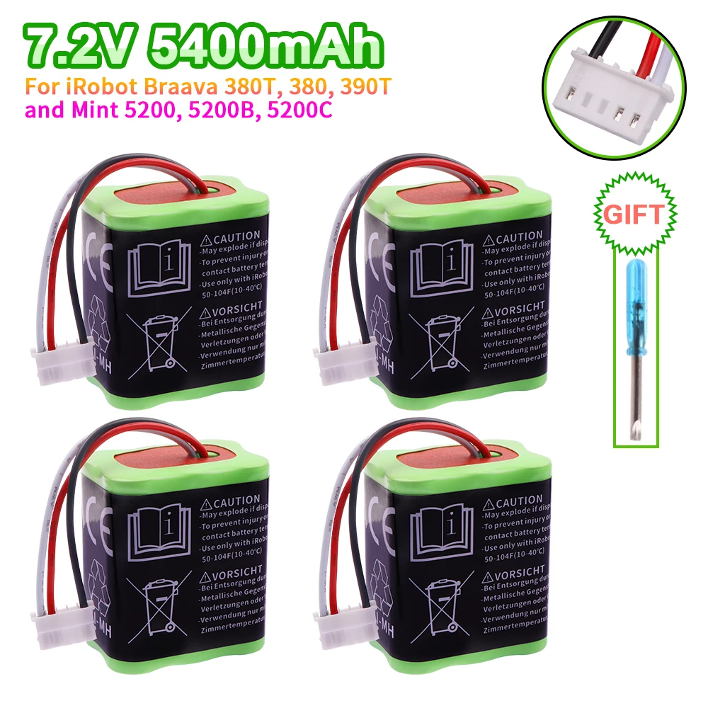 NI-MH 7.2V 5400mAh Battery for iRobot Braava 380T 380 390T Mint 5200 5200B 5200C Vacuum Cleaner upgraded high capacity for 380T