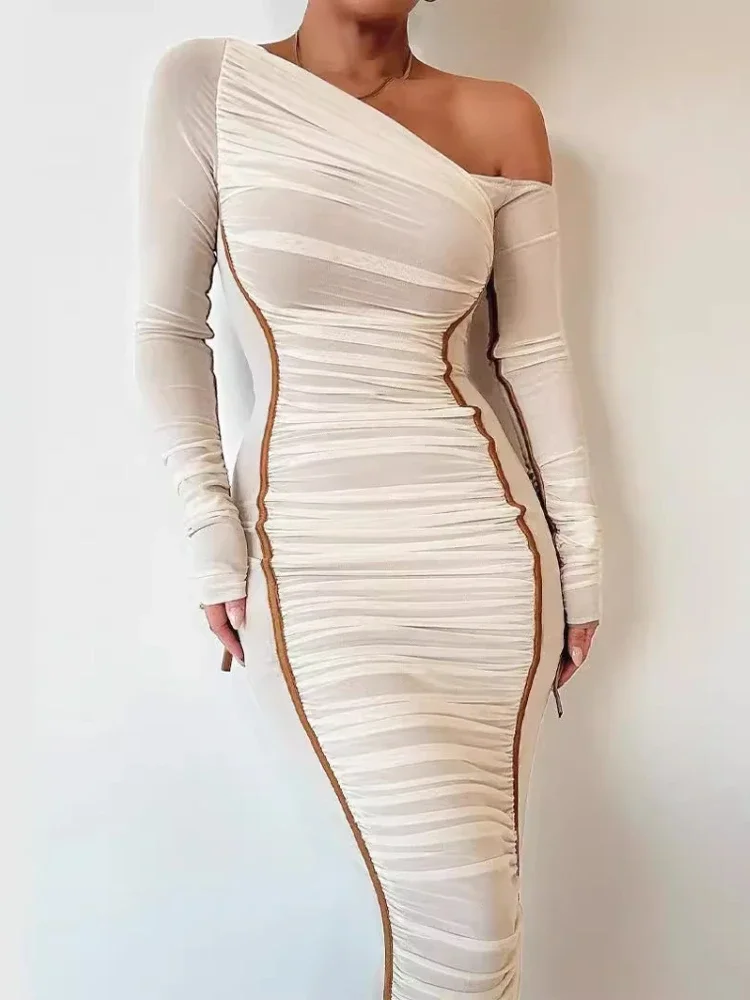 Summer Fashion Clothes Festival Club Solid Color Diagonal Collar Long Sleeve Draped Sexy See Through Bodycon Maxi Dress