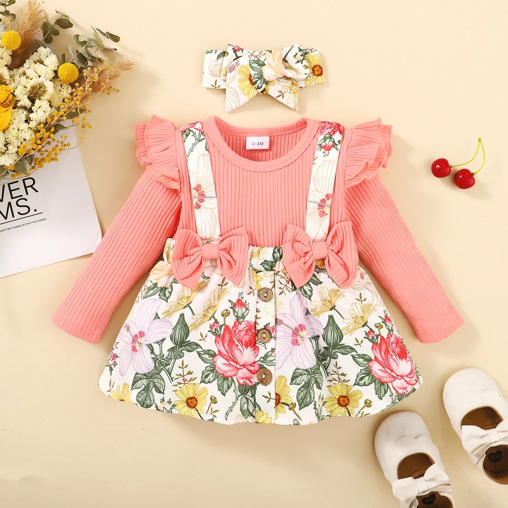 2PCS Infant Girl Clothes Outfit Newborn Baby Girl Romper Dress Flower Long Sleeves Bodysuit with Headband for 0-18 Months