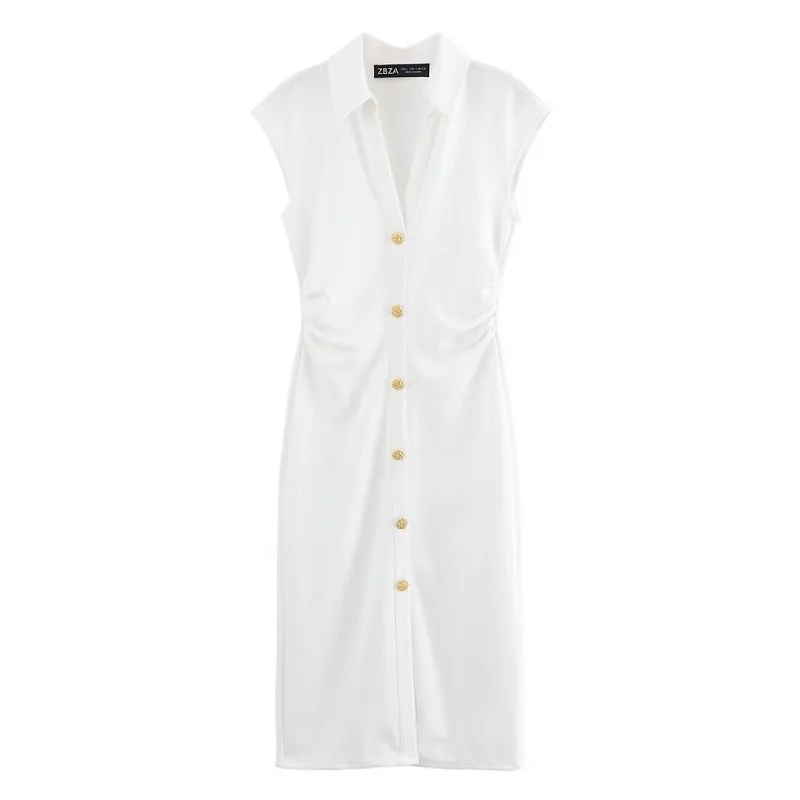 MUJER 2025 فساتين متوسطة الطول مطوي للنساء قميص بدون أكمام فستان امرأة أبيض أسود المرأة فستان صيفي ثنيات فستان الحفلات النساء