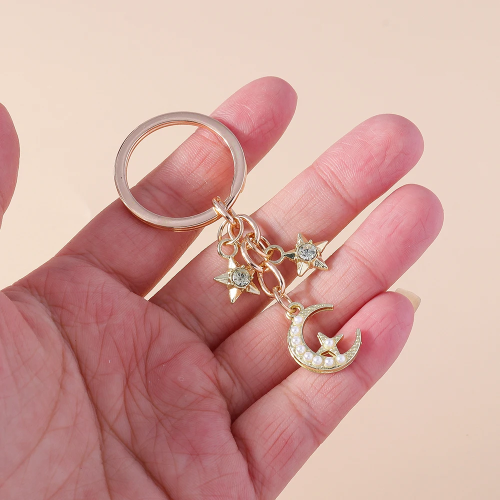 Romantic Moon Star Keychains Crystal Key Rings Gift for Women Men Car Key Handbag Pendants Jewelry Making Accessorie