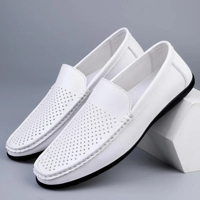 Men Perforated Leather Loafers Summer Breathable Slip-On Loafers Plus Size 38-47 Black White Driving Shoes