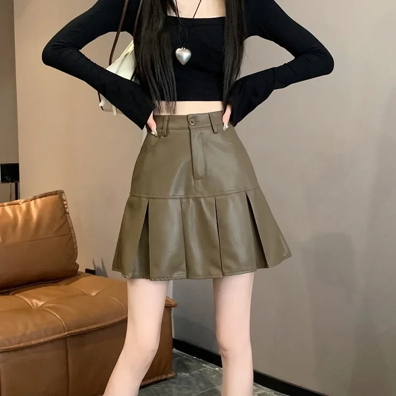 

Pu Pleated Skirts Women Autumn and Winter New Korean Style Office Lady Versatile High Waist Slim Solid Color Short Skirts Female