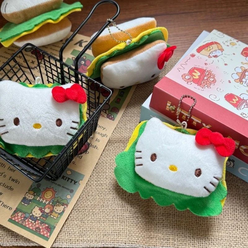 Zawieszka pluszowa Sanrio Hello Kitty w kształcie hamburgera ze złotą klamrą, ozdoba do plecaka, akcesoria do zamków błyskawicznych, brelok do kluczy samochodowych, prezent na Boże Narodzenie
