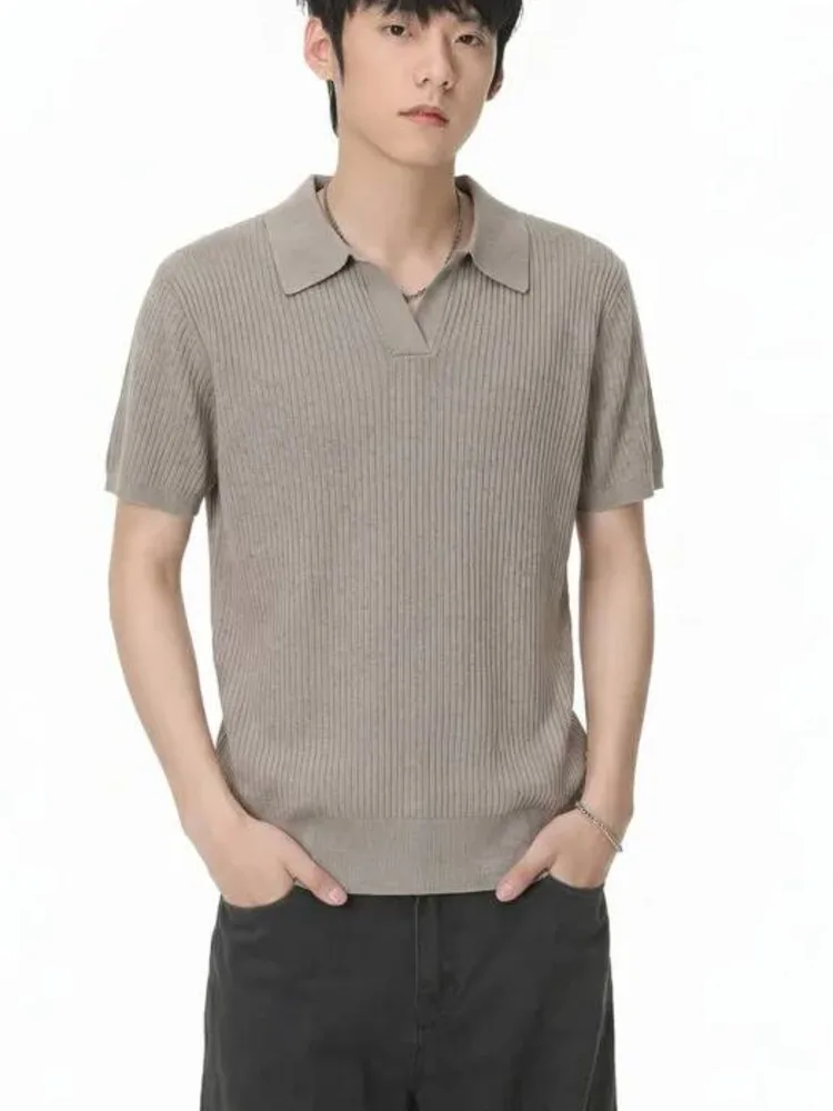 Men's Old Money Style Short Sleeve Lapel T-shirt High End Knit Versatile Simple Short Sleeve Pullover Tops D5TF