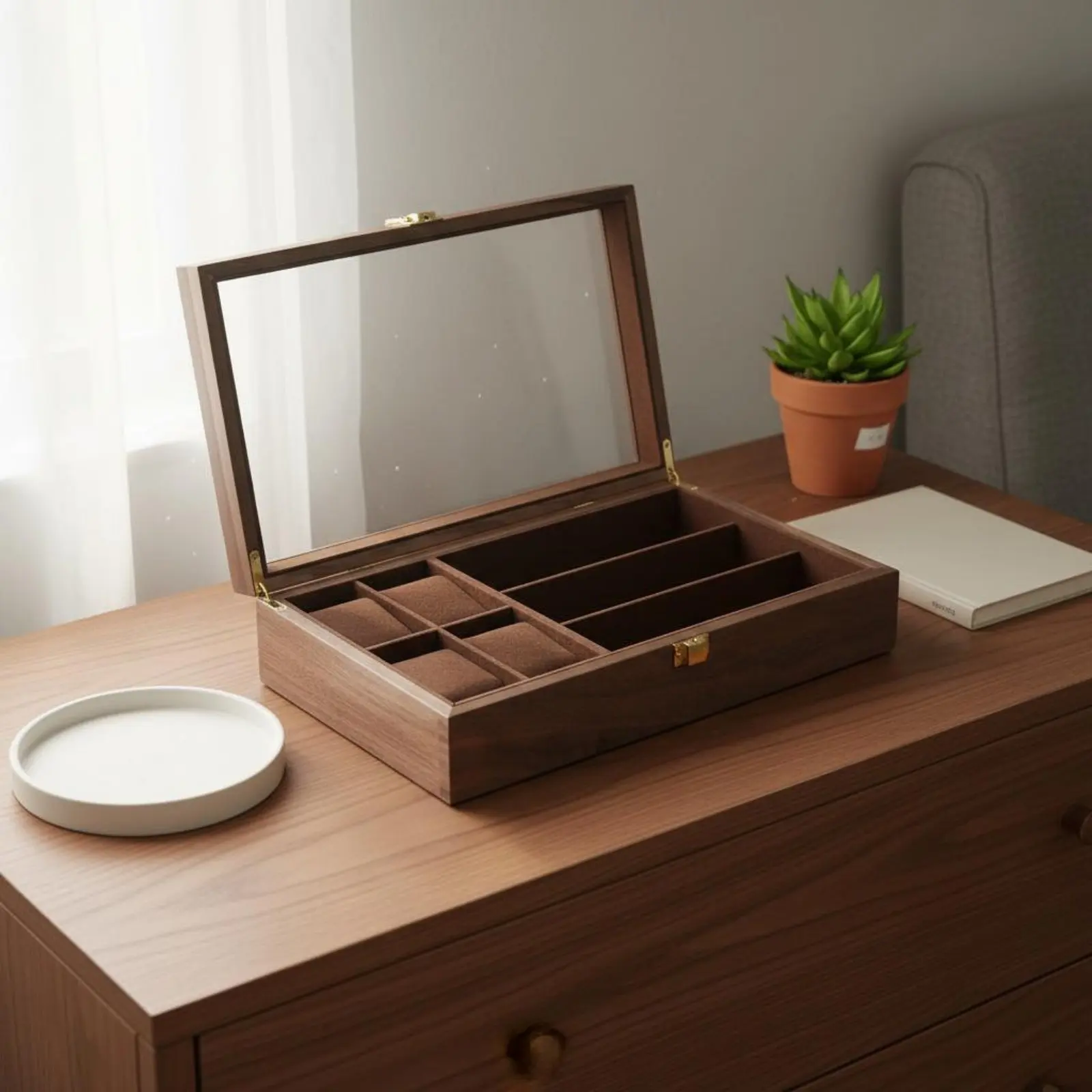 4 Compartment Watch 3 Compartment Glasses Holder Dustproof Wooden Watch and Glasses Box Walnut Wood Jewelry Organizer High-Grade