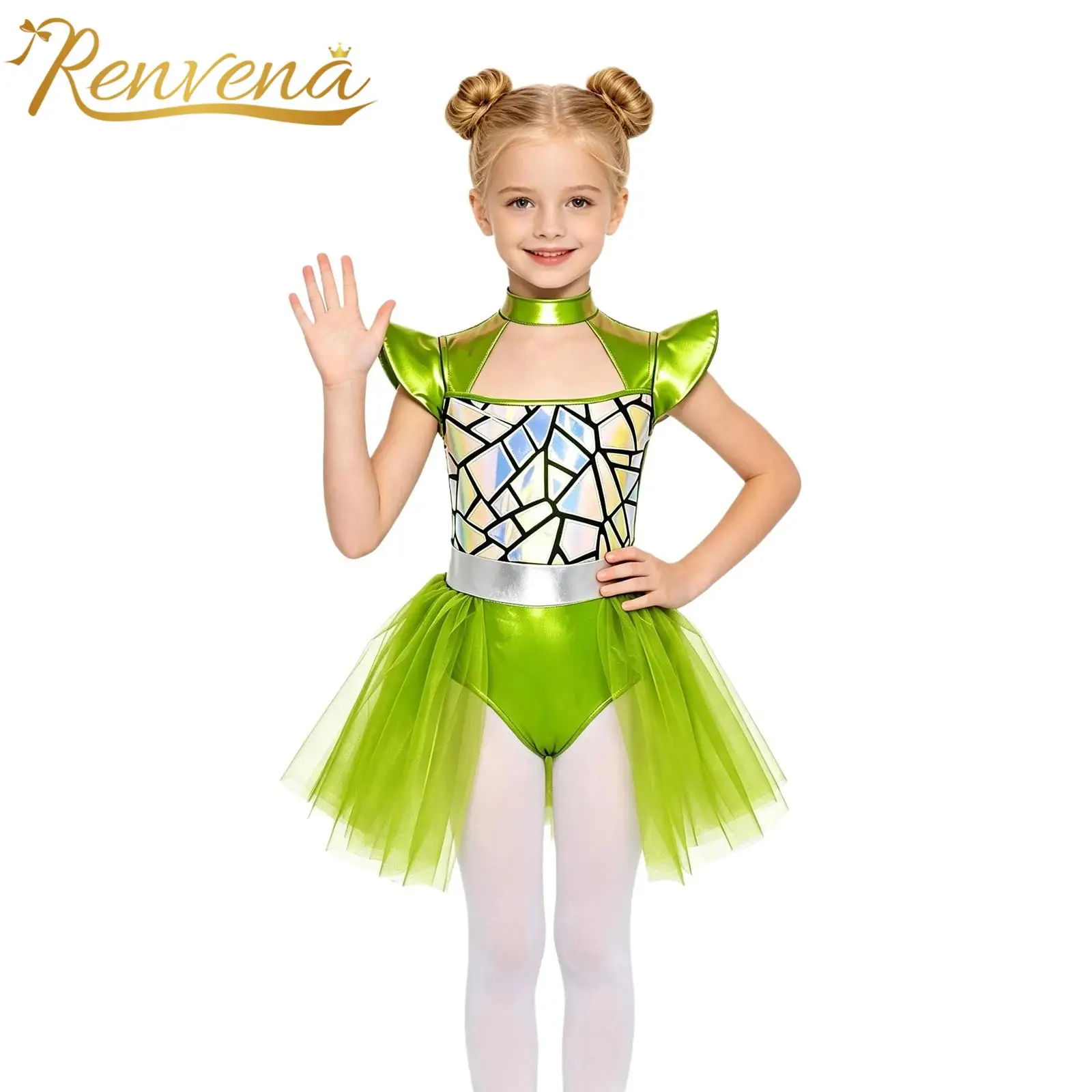 Robot Fancy Dress Shiny Cutout Kids Girls Alien Cosplay Costume Cap Sleeve Tulle Metallic Dress for Halloween Carnival Party