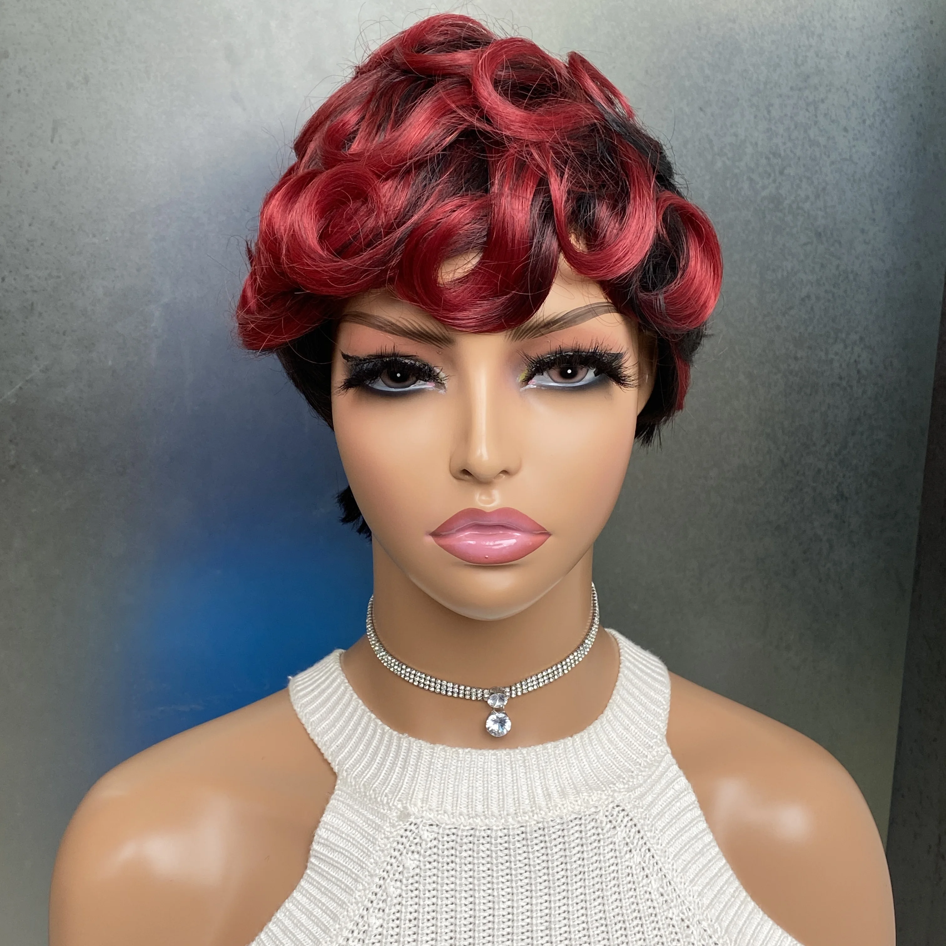 شعر مستعار اصطناعي قصير أومبير مع دقات للنساء السمراوات ، تسريحات شعر مجعدة أفرو ، شعر مستعار بقصة بيكسي ، شعر بورجوندي #1