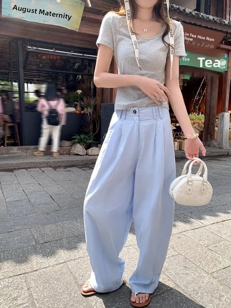 

Blue High Waist Wide Leg Pants Women's Summer 2025 New Dopane Lazy Sle Loose Pleated Straight Casual Long Trousers
