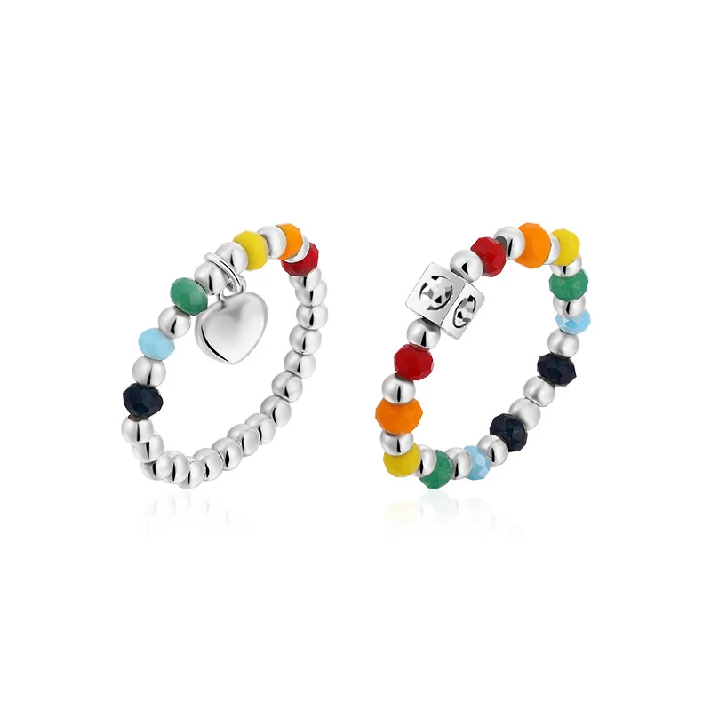 ANENJERY Square Heart Colored Rainbow Beaded Ring Female Cute Index Finger Ring bague femme anel