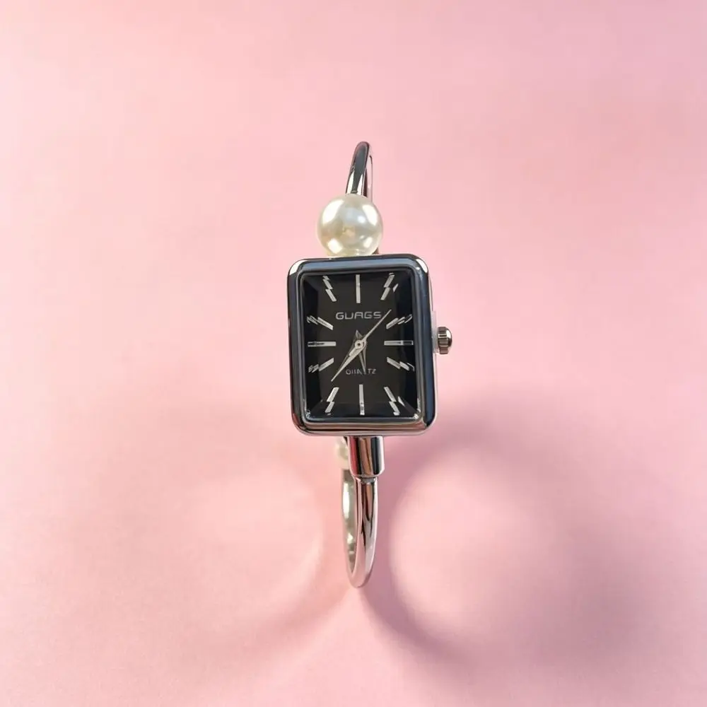 New Square-shaped Dial Pearl Watch Open Design Elegant Bracelet Watch Luxury Adjustable Wristwatch for Women