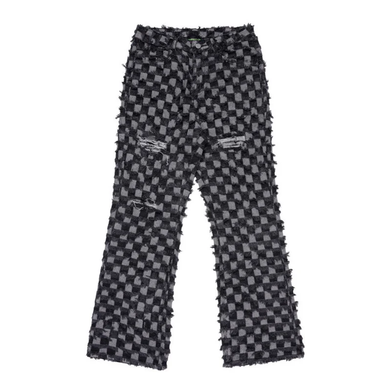 Chessboard Men Lattice Hole Burr Jeans High Street Fashion Straight Denim Trousers 2022 New Spring Loose Cotton Long Pants