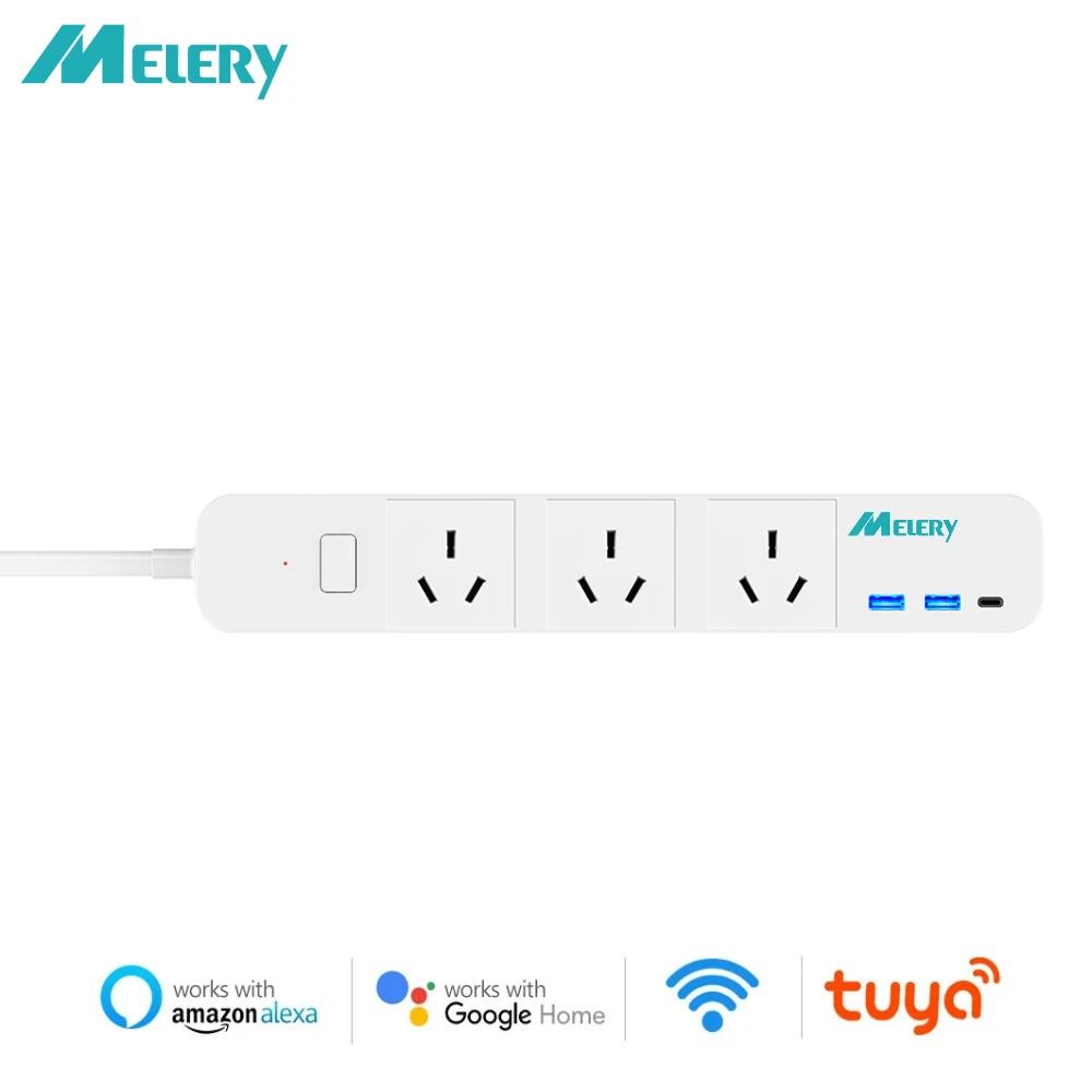 

Melery Australia Tuya WiFi Smart Power Strip Extension Plug Socket USB Ports Type-C Charging Remote Control by Google Home Alexa