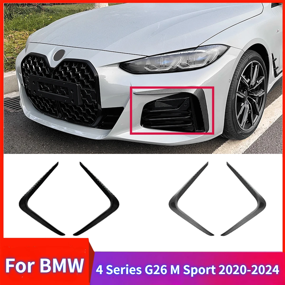 

Car Front Bumper For BMW 4 Series G26 M Sport 2020-2024 Cover Wind Knife Fog Lamp Trim Blade Trim Light Accessories Glossy Black