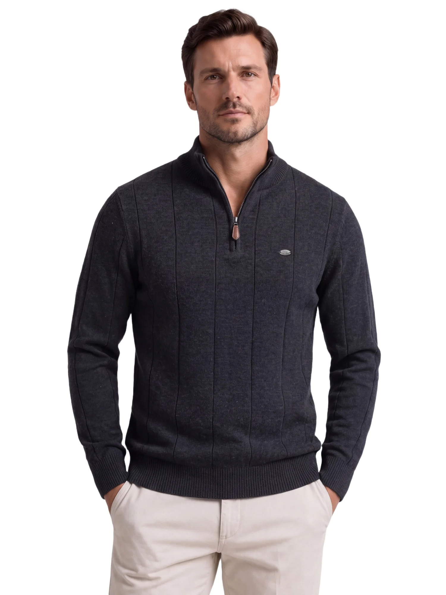 AIOPESON Herren Baumwolle Einfarbiger Casual Pullover mit Halbem Reißverschluss, Stehkragen, Gerippter Strickpullover, Herbst Winter Herren Langarm Slim Fit – Detail 6