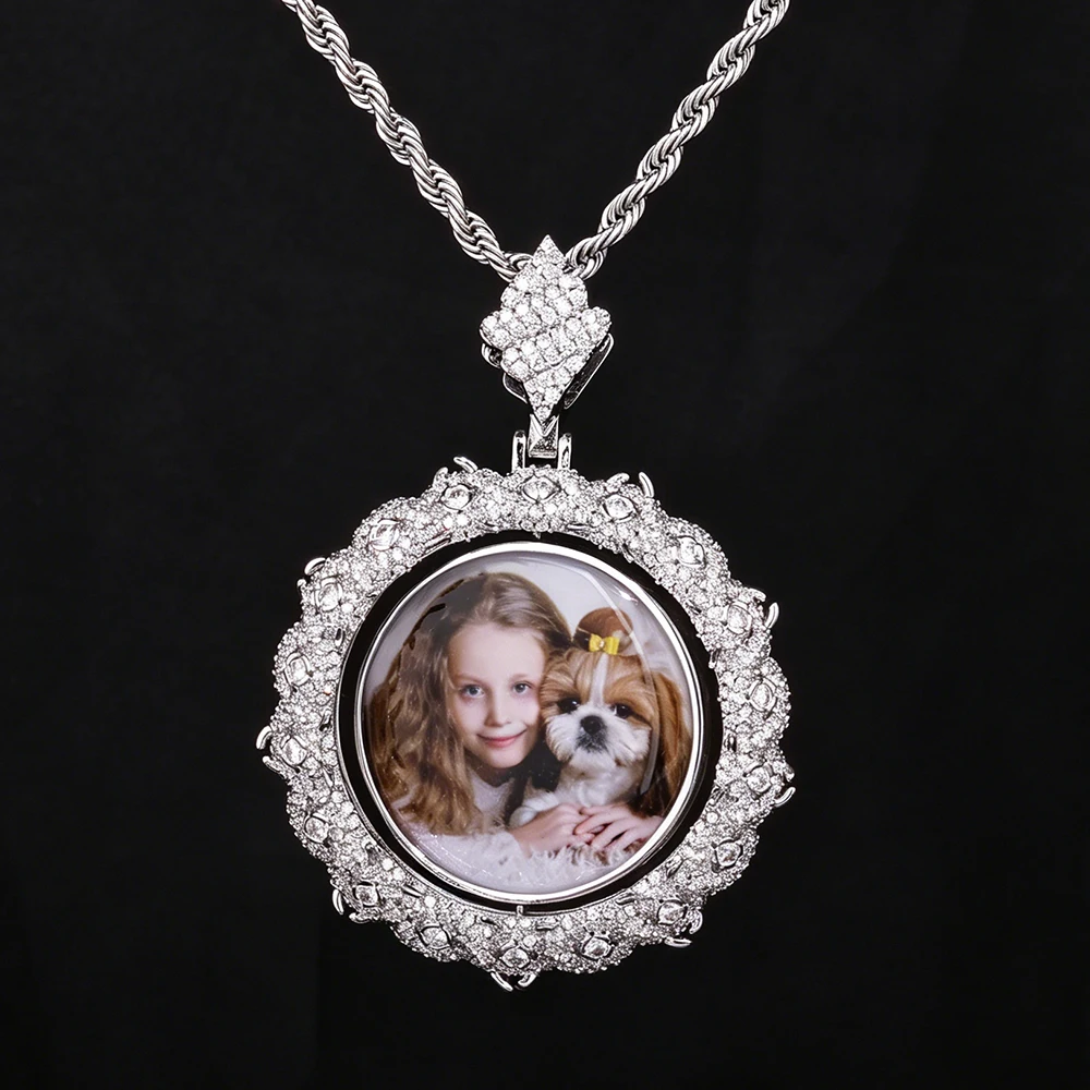 

ESKEEM Personalized Custom Rotating Photo Necklace Hip Hop Thorns Circle Chain DIY Memory Two Picture Pendant Necklace Gift