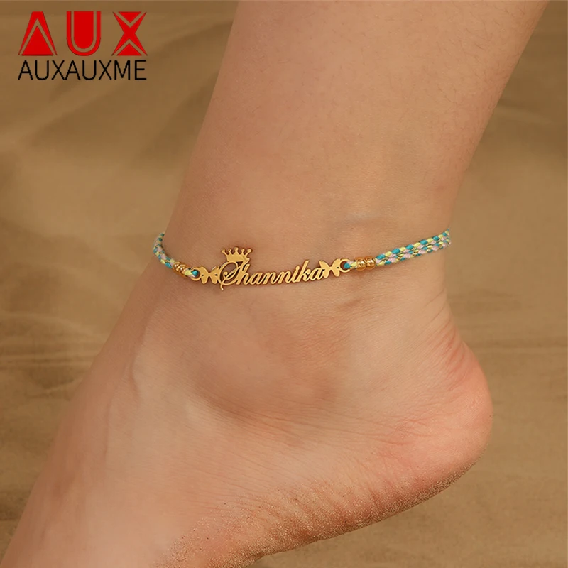 Auxauxme Personalized Custom Names Anklets for Women Stainless Steel Handmade Rope Braided Trendy Butterfly Heart Anklet Jewelry