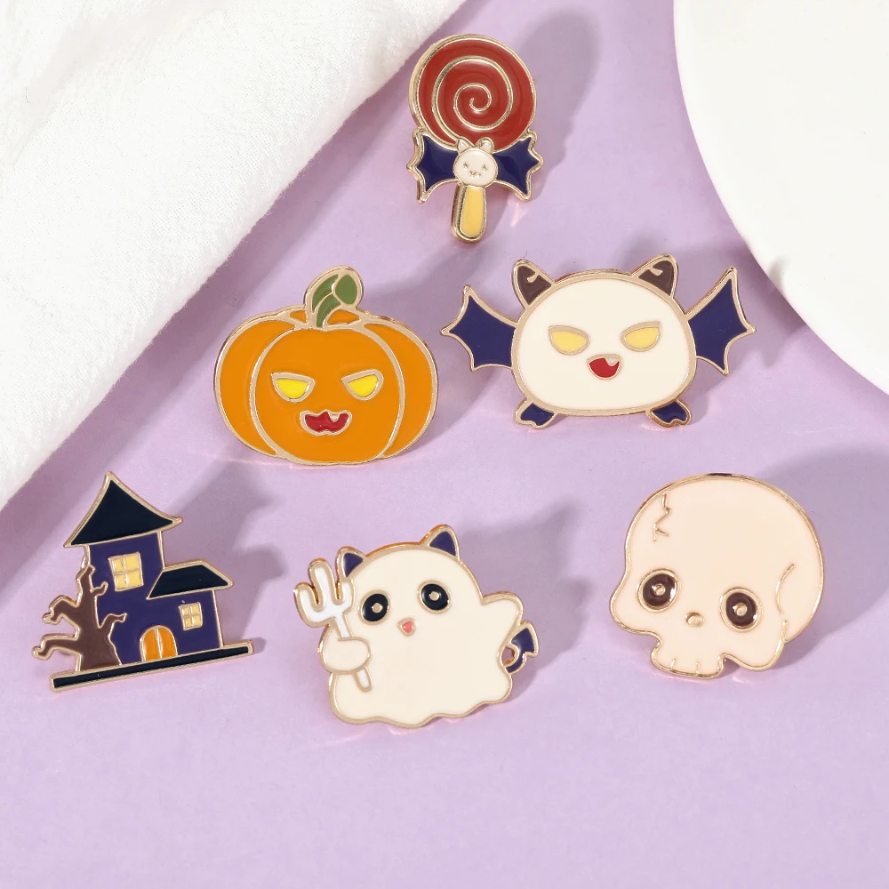 Cartoon Halloween Collection pins Cute Haunted House Ghost Pumpkin Lollipops Skull Head Enamel Brooches Festival Gift