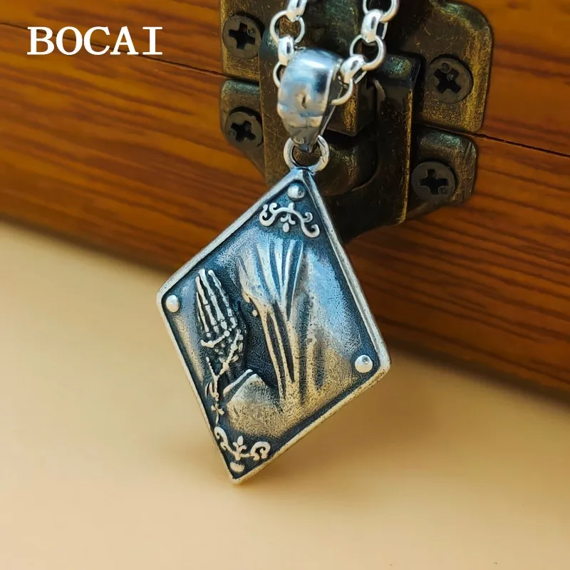 

BOCAI New S925 Sterling Silver Vintage Personality Diamond Prayer Hand Cross Pendant Male Female Gift