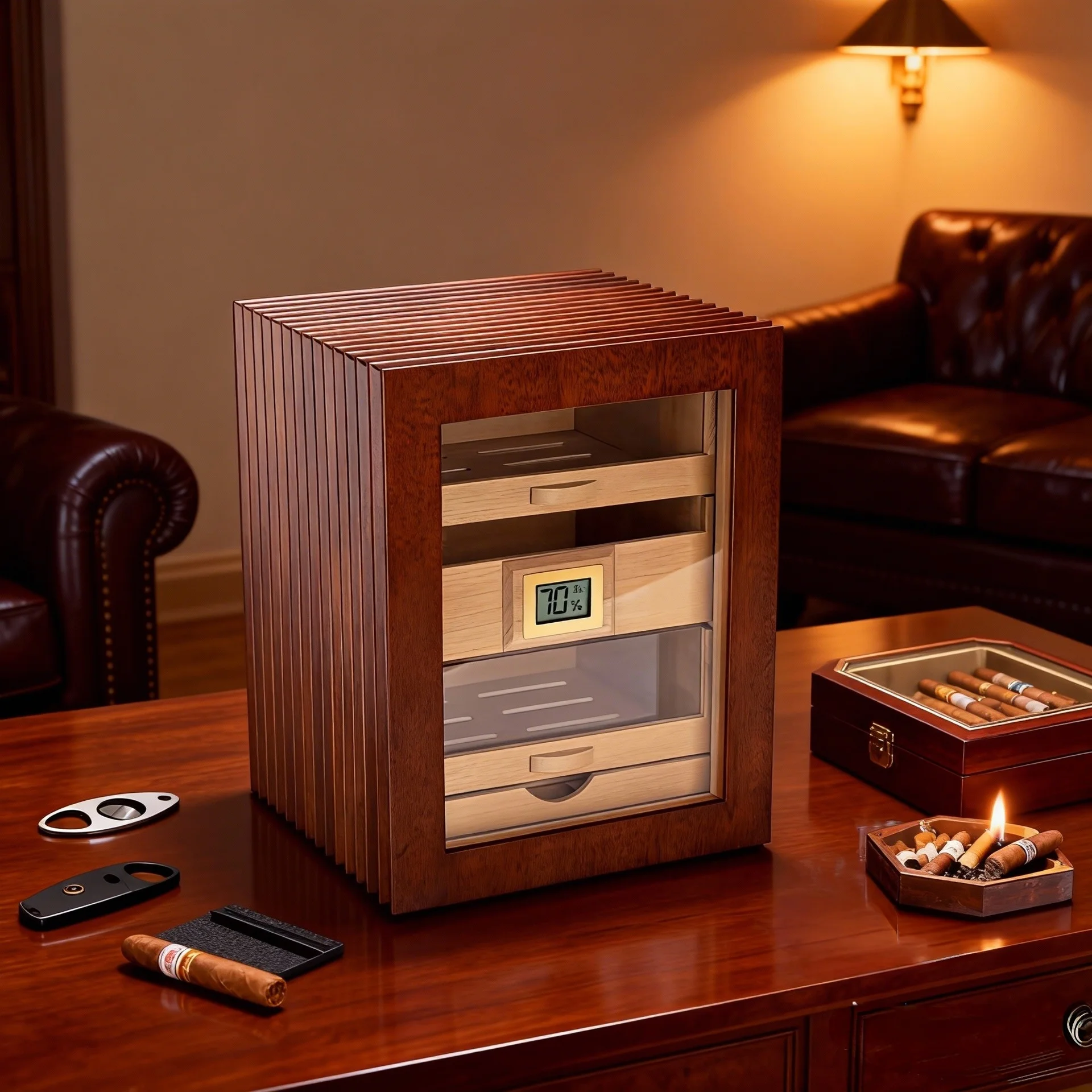 desktop cedar wood dual-zone cigar humidifier and storage box model W-105, can hold 110 cigars.