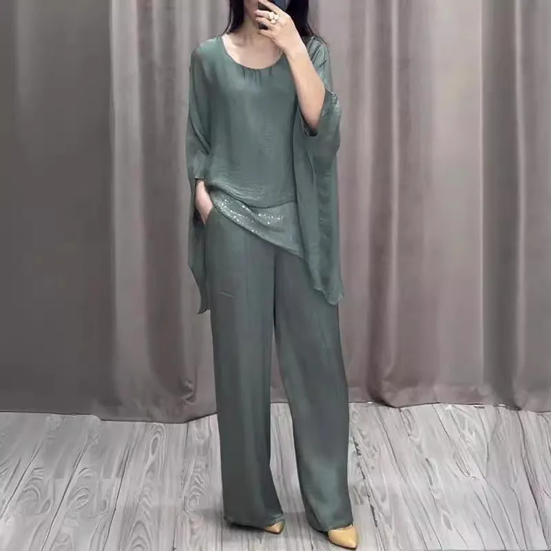 

Women Two-piece Suit Women Commuting Suit Stylish Women's Casual Suit With Wide Leg Pants Batwing Sleeve Top For Home For Spring