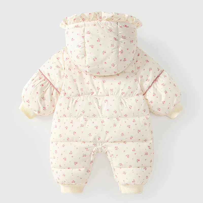 Autumn Winter Infant Girl Clothes Korean Cute Bow Pink Flowers Print Warm Thick Hooded Jumpsuits Rompers Baby Newborn Items B183