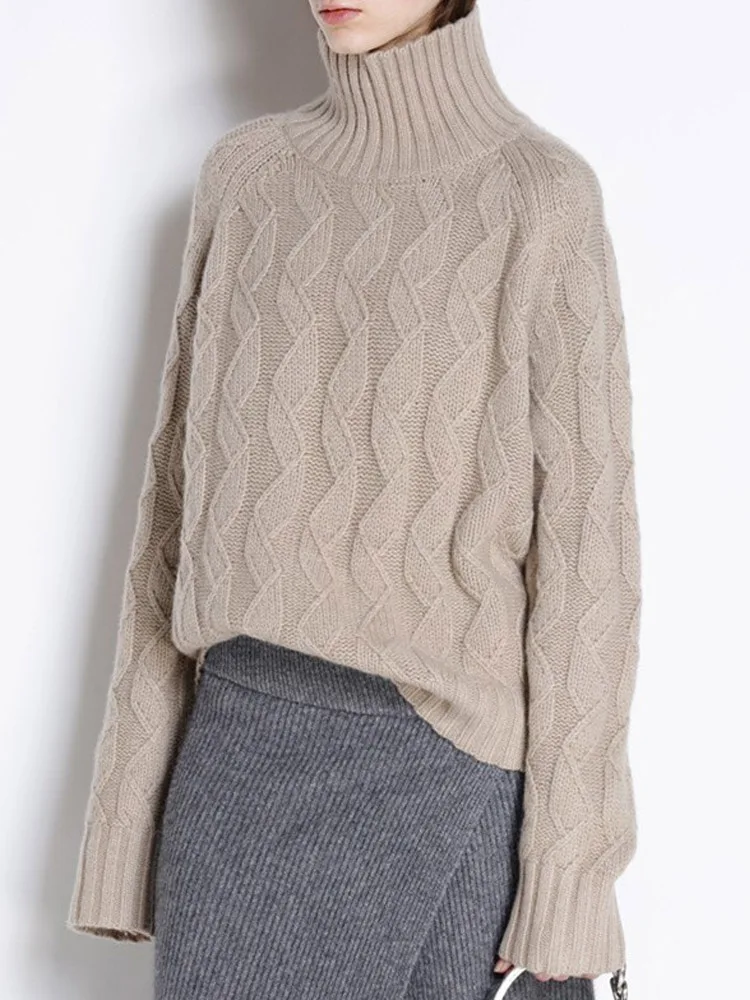 Suéter feminino de caxemira macia com gola tartaruga, outono inverno, grosso, preguiçoso, solto, tricô, fundo curto, estilo para uso confortável