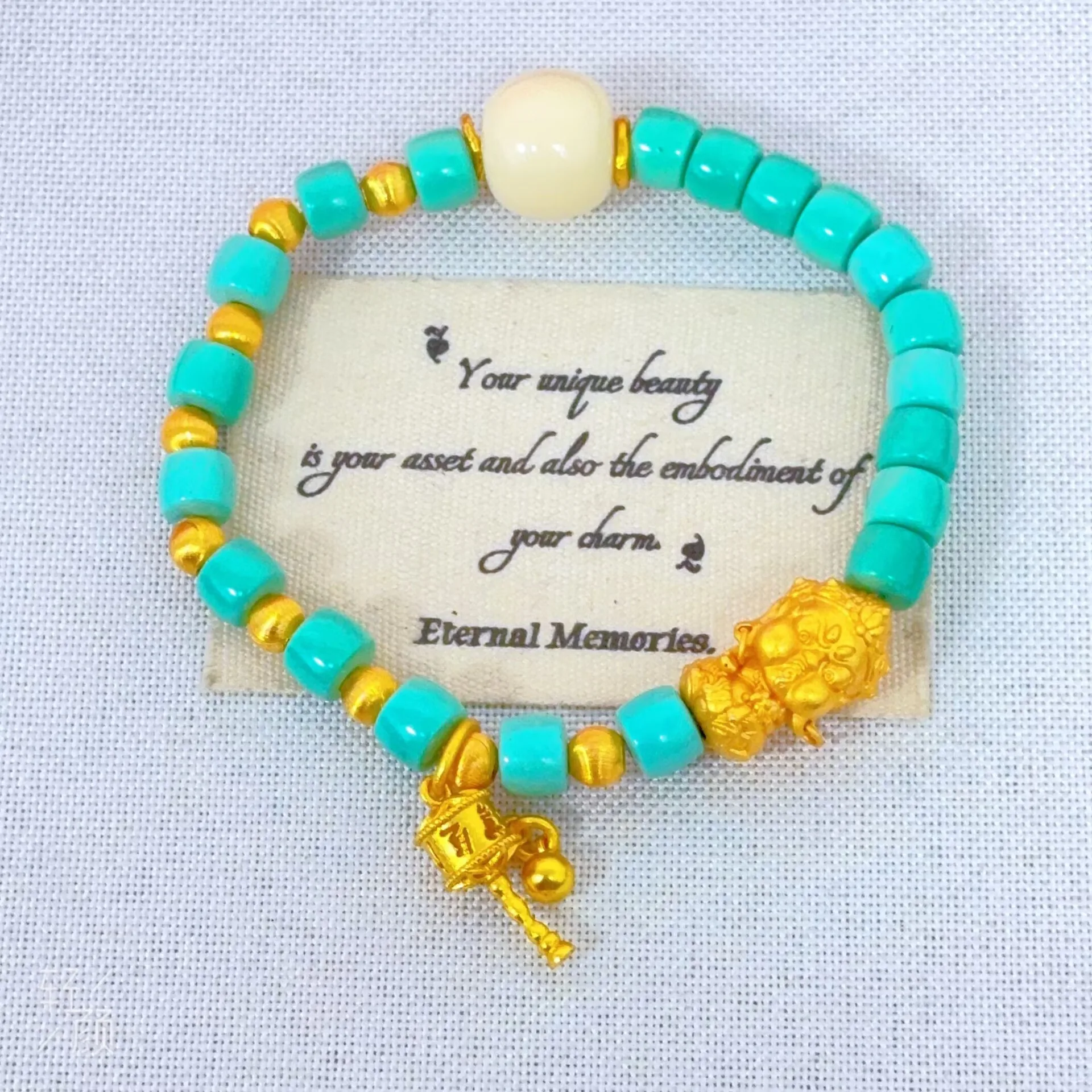 

Plated Real Gold Color Preservation Ancient Sand Gold Pine Stone God Of Wealth Tambourine Bracelet Exquisite New Girls Gift