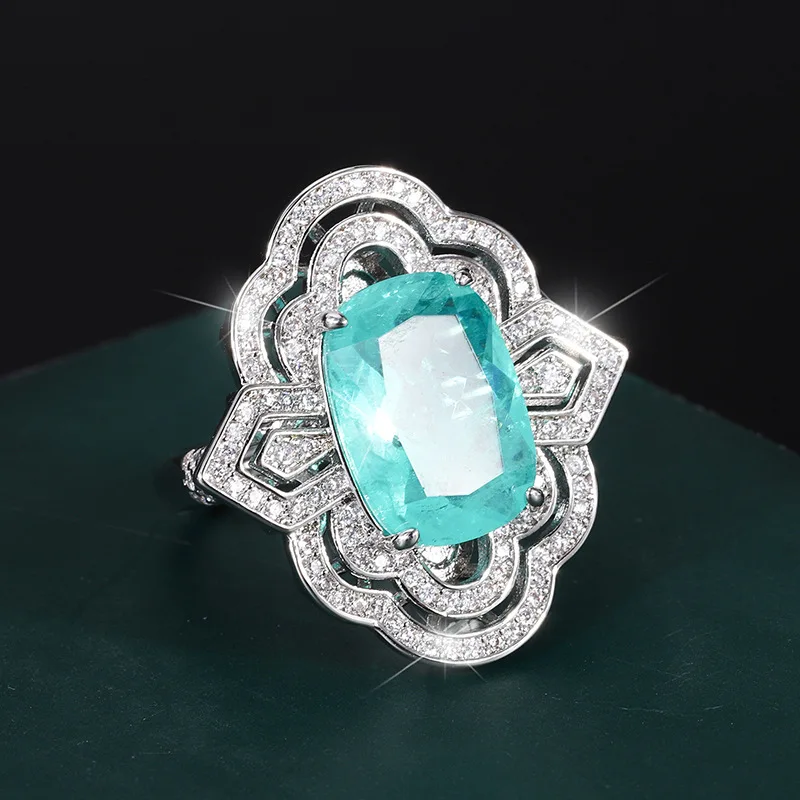 New High-end Jewelry Luxury Fashion Emerald Paraiba High-end Printed Women's Ring Main Stone 10*14