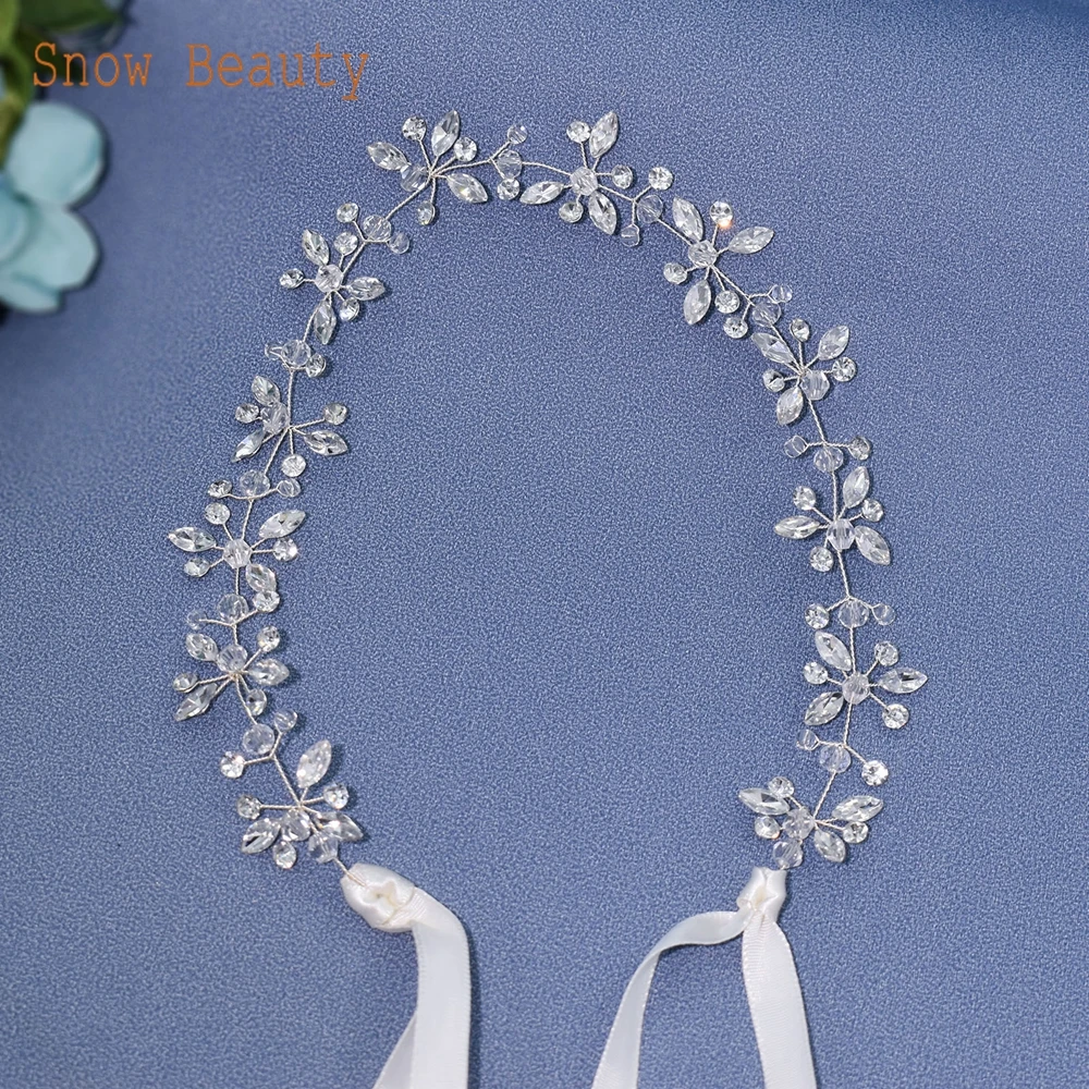 DZ063 Crystal Wedding Headwear Rhinestone Bridal Hair Vine Silver Color Bridemaid Hair Accessories Ribbon Bride Headband