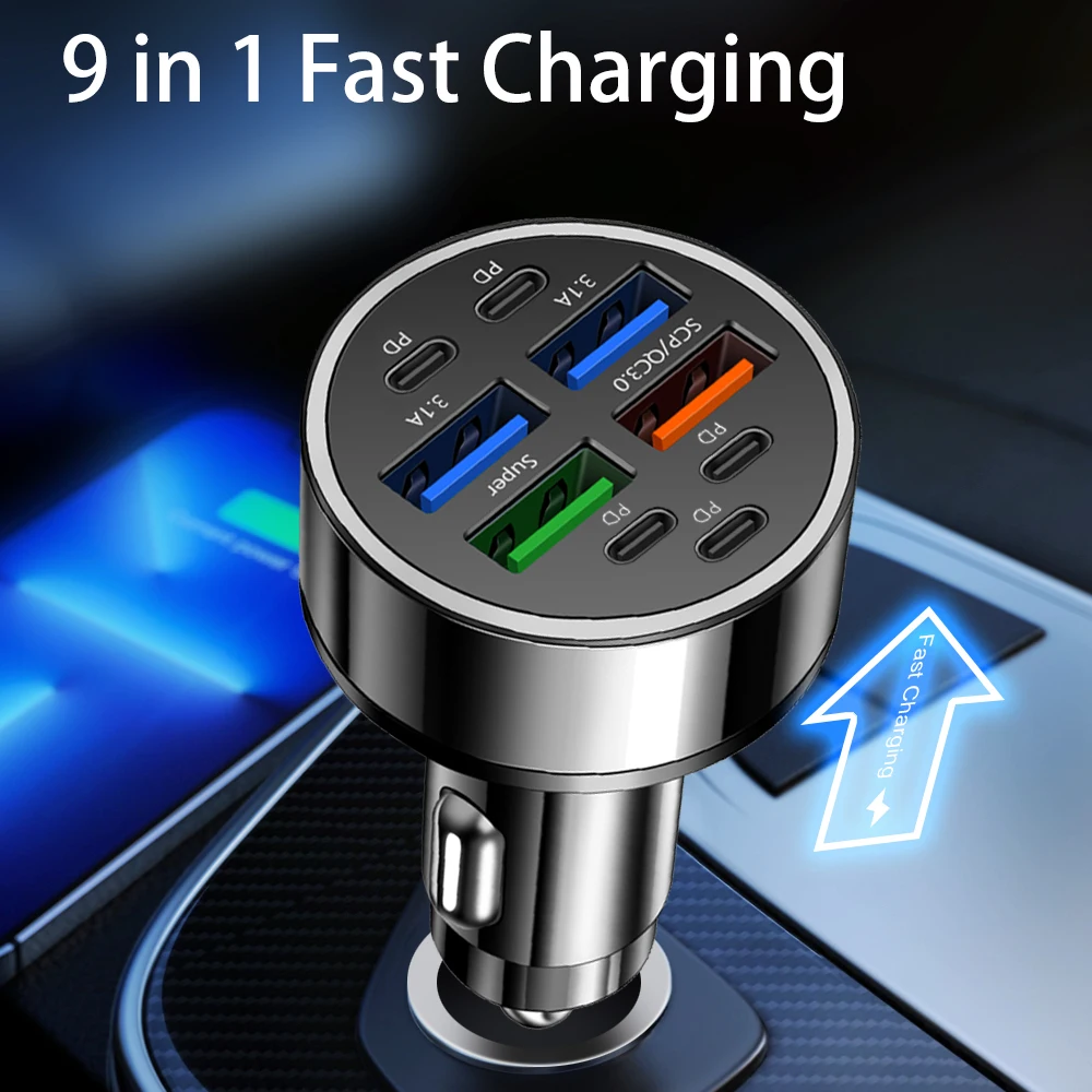 

USB C Car Charger, 9-Port Dual USB-C & USB-A Car Charger Adapter PD/QC Multi Port Fast Charging Cigarette Lighter for iPhone