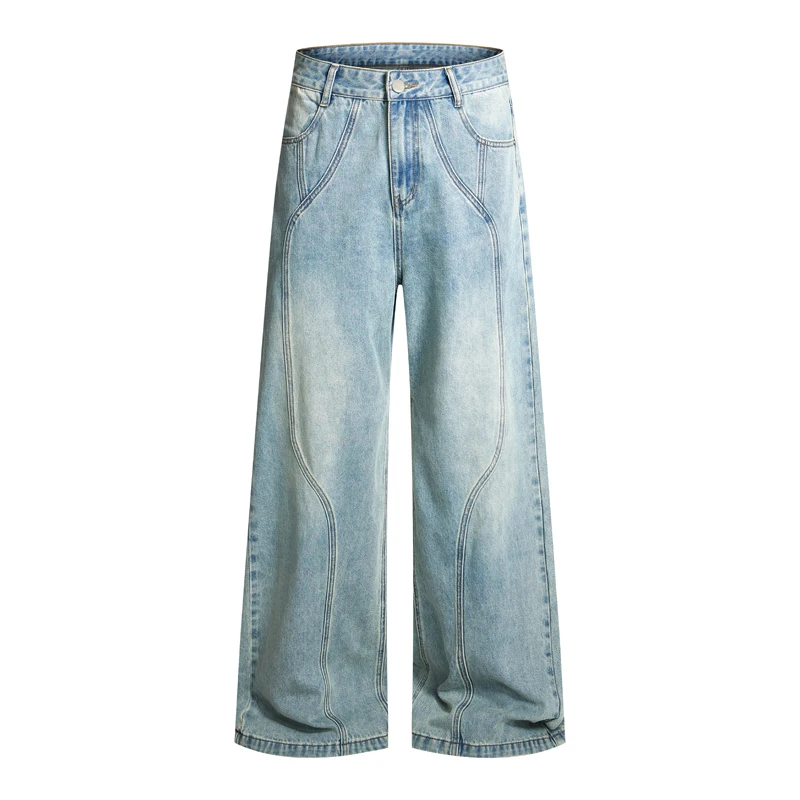 

Deconstructivist Design Functional Style Washed Linestyle Segmented Patchwork Workwear Trendy Straight Denim Pants