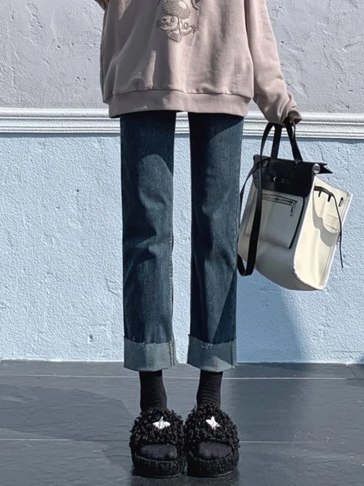 

High Waist Straight Leg Denim Jeans Women's Autumn Winter New Small Size Cuffed plus Size Slimming Turn up e Tube Pants