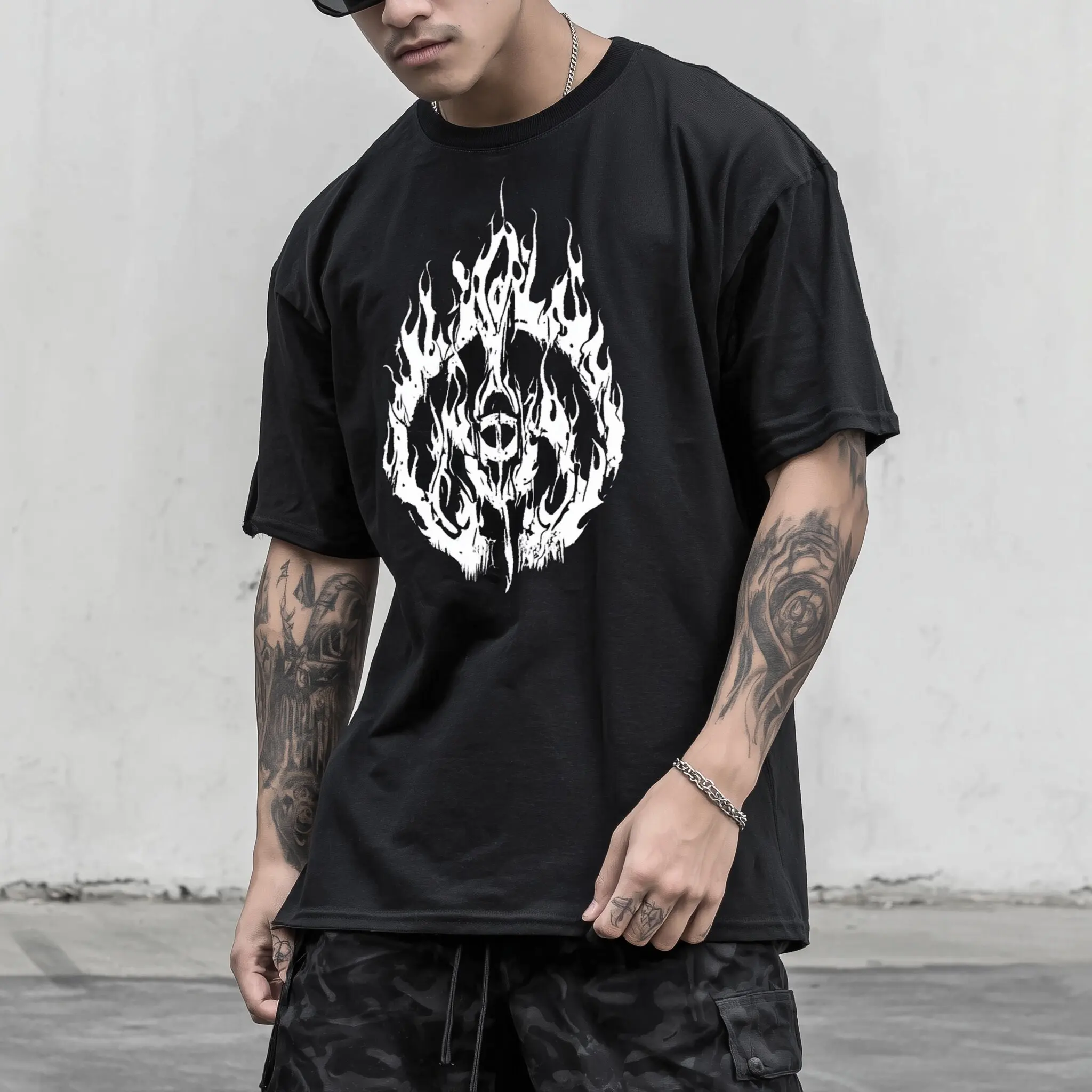 

Teevo Men's Casual T-Shirt Flame Skull Print Streetwear Daily Wear
