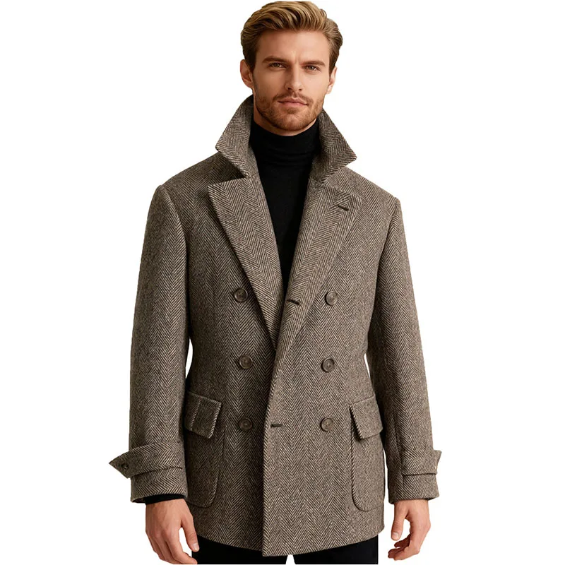 

Осенний мужской костюм, пальто, двубортный шерстяной пиджак с узором «елочка», модная повседневная деловая короткая куртка