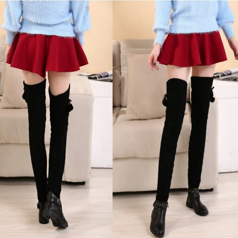 2018 New Fashion Casual Donna Caldo Inverno Scaldamuscoli lavorati a maglia Calzini lavorati a maglia Stivali lunghi all'uncinetto Calzini con palla di pelo