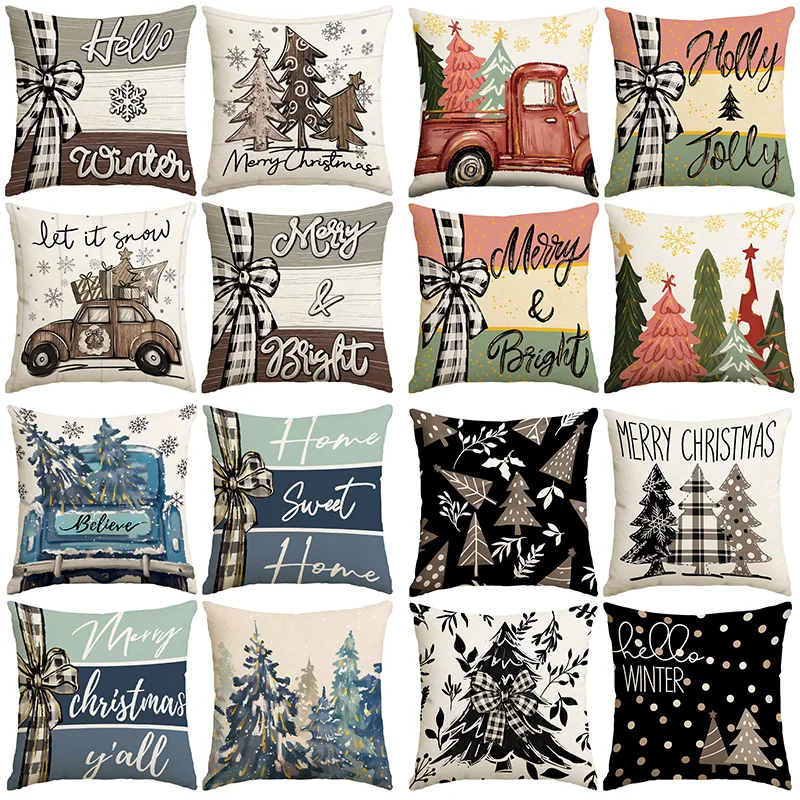 1/4pcs Christmas Black Christmas Tree Pattern Printed Pillow Cover, Decorative Home Sofa, Suitable for Living Room and Room