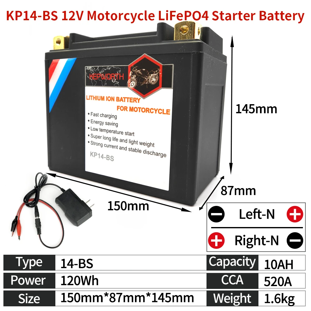 

KP14-BS Motorcycle Starter LiFePO4 Battery CCA 520A 12V 10Ah With BMS Scooter Lithium Battery Replace ETX14-BS YTX14 YTX14-BS