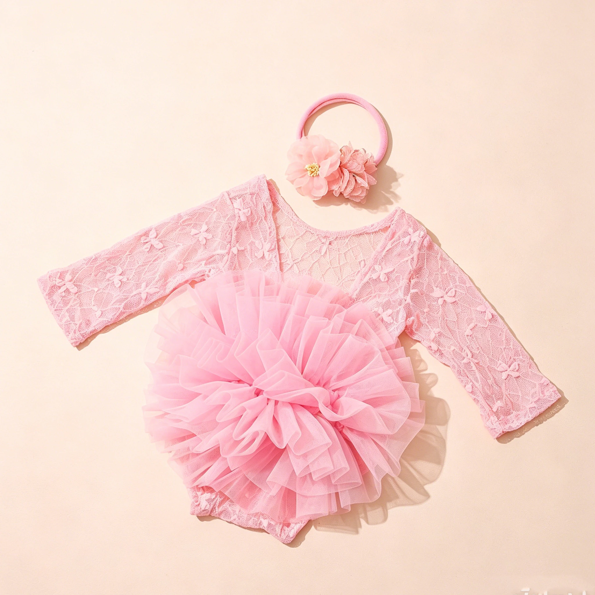 Ylsteed 2 Pieces Set Dusty Pink Newborn Lace Romper for Photo Shooting Fluffy Mesh Lace Photography Outfits with Headband-HD image 3
