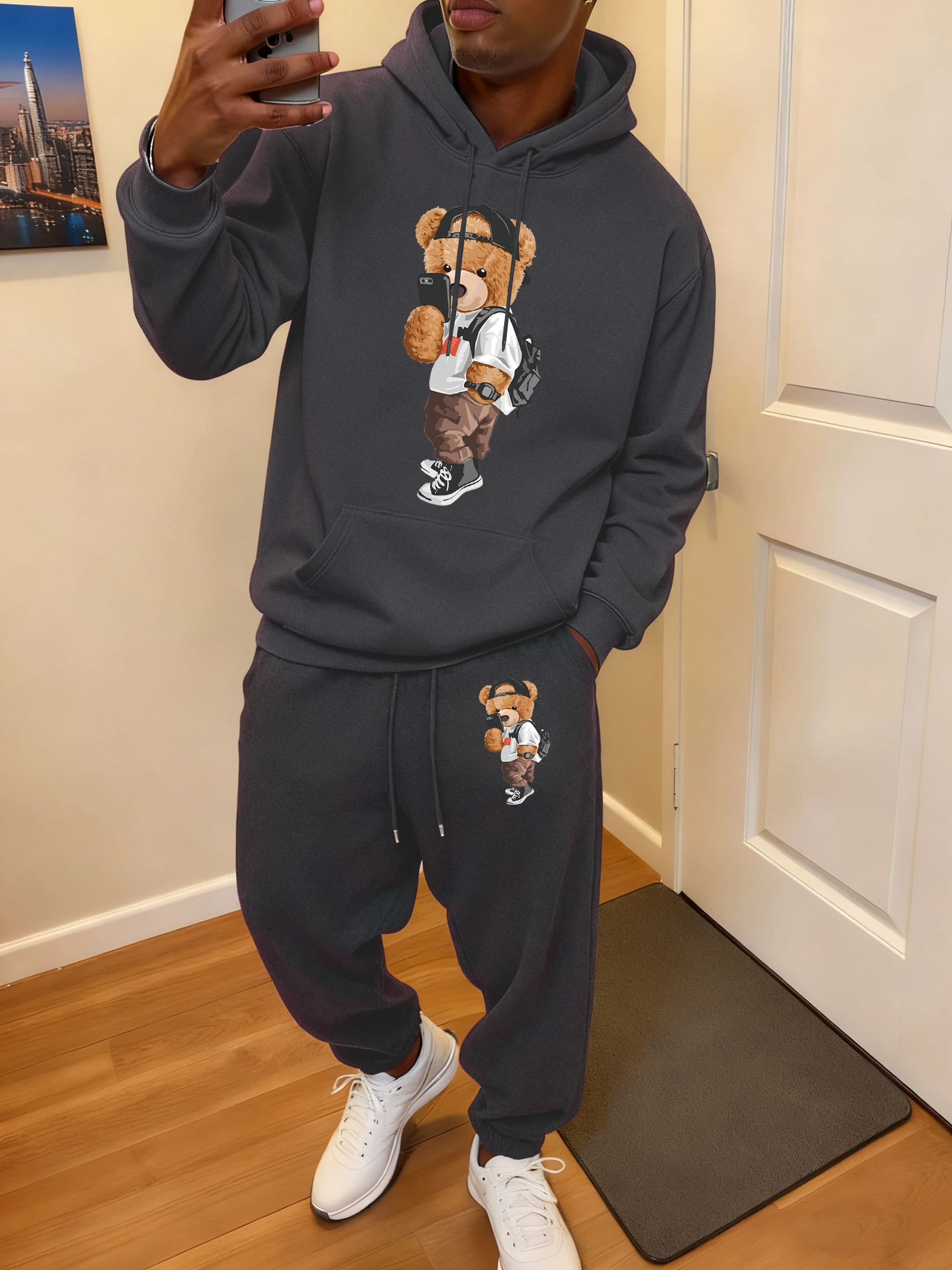 Tragen Sie Hut Cool Bear Selfie Bedrucktes Herren-Winter-Hoodie-Set Sport Lose Pullover Fleece Freizeithosen All-Match-Taschen-Sportbekleidung